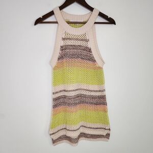 Boston Proper High-Neck Striped Cotton Open Knit Crochet Resortwear Sweater Tank